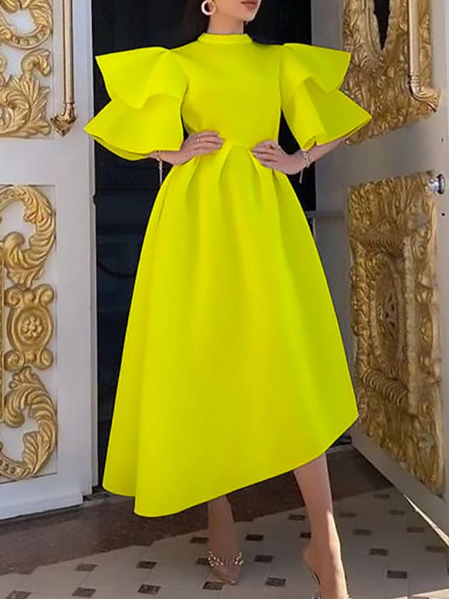 Mock Neck Double Layer Ruffle Sleeve High-Low A-Line Midi Dress