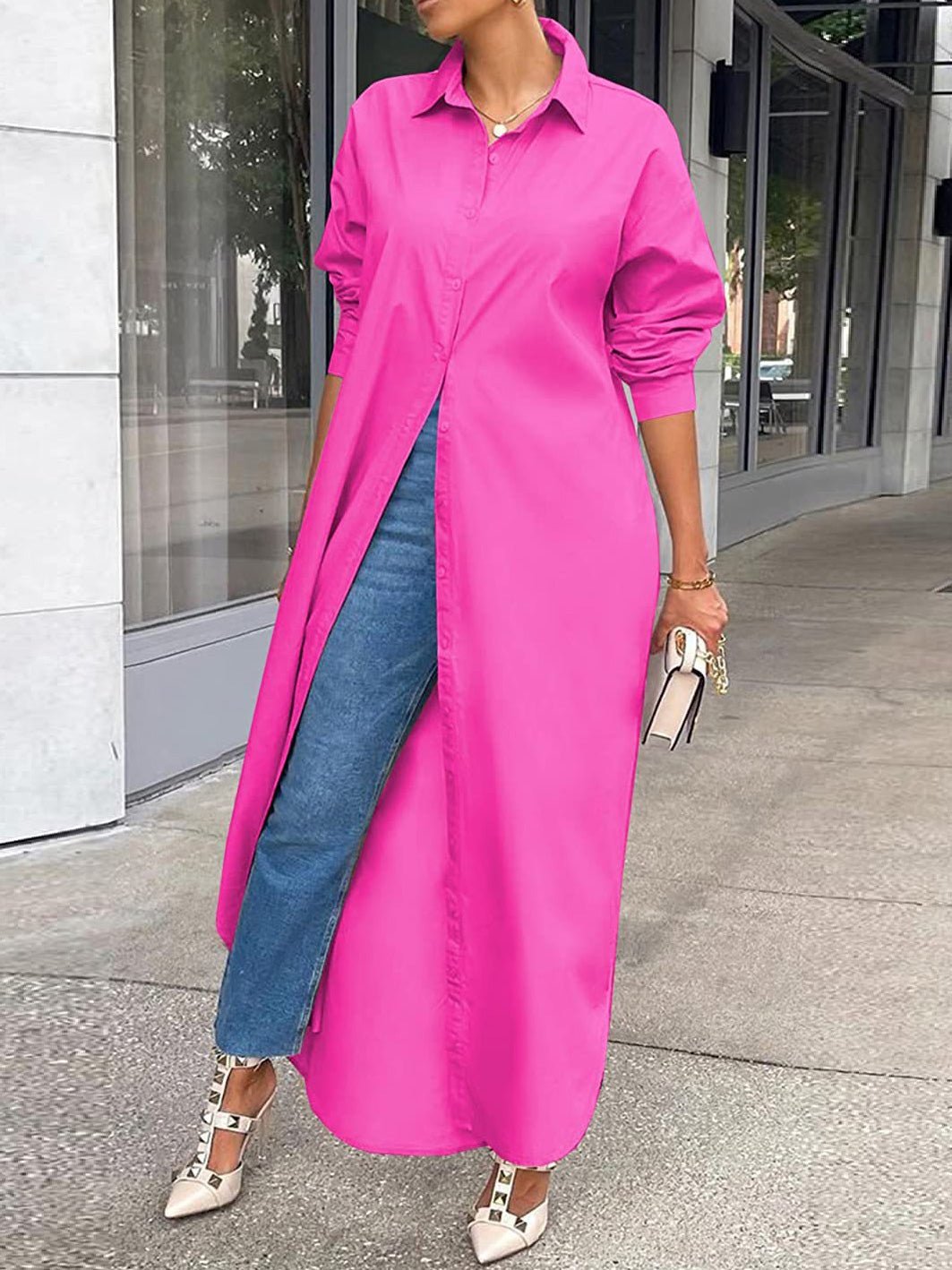 Collared Button Front Long Sleeve High Slit Shirt Maxi Dress