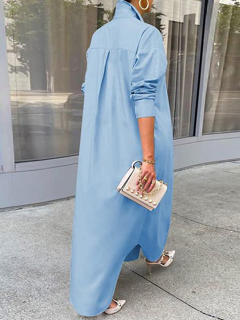 Collared Button Front Long Sleeve High Slit Shirt Maxi Dress