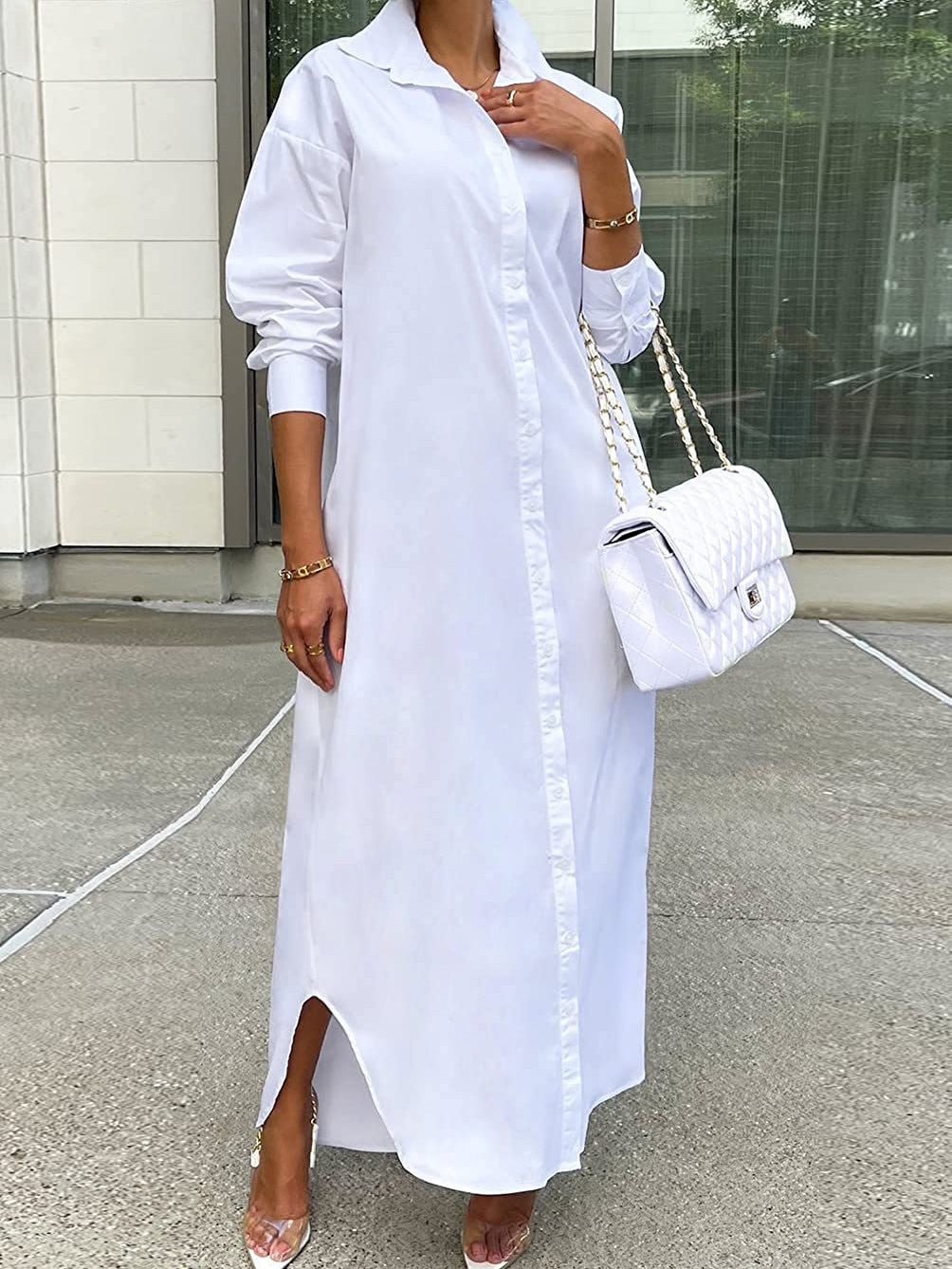 Collared Button Front Long Sleeve High Slit Shirt Maxi Dress