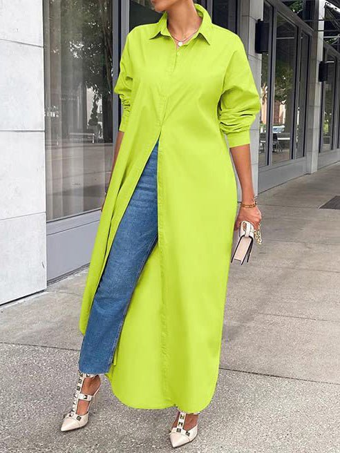Collared Button Front Long Sleeve High Slit Shirt Maxi Dress