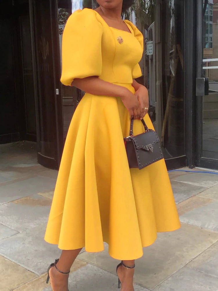 Square Neck Puff Sleeve Fit and Flare A-Line Midi Dress 3