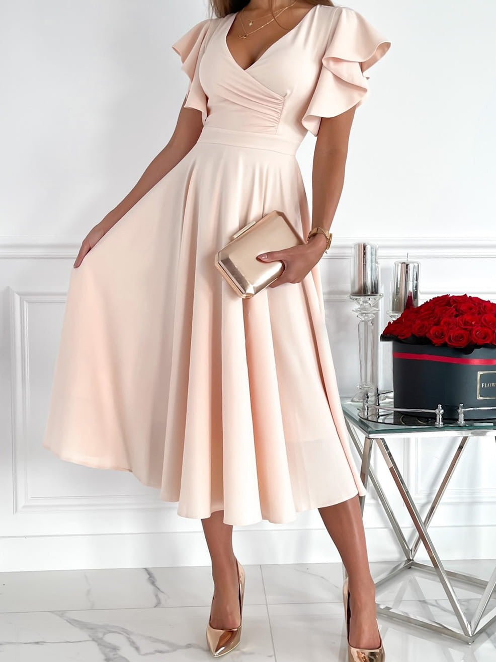 Solid V Neck Ruffle Sleeve Dress