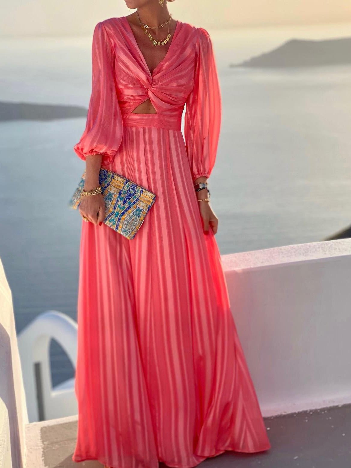 Red V-Neck Twist Front Cutout Puff Sleeve Striped Pleated Maxi Dress