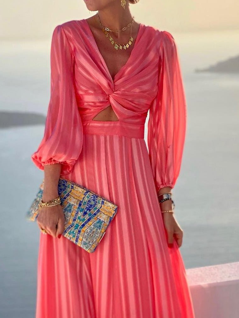 Red V-Neck Twist Front Cutout Puff Sleeve Striped Pleated Maxi Dress