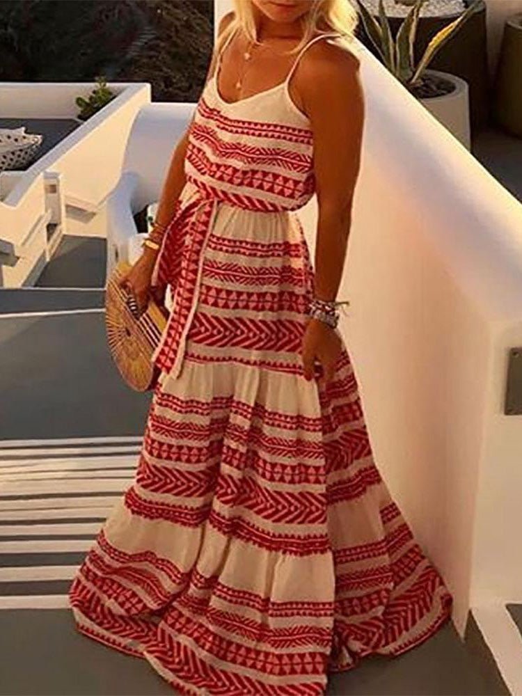 Striped Print V Neck Sling Belted Dress