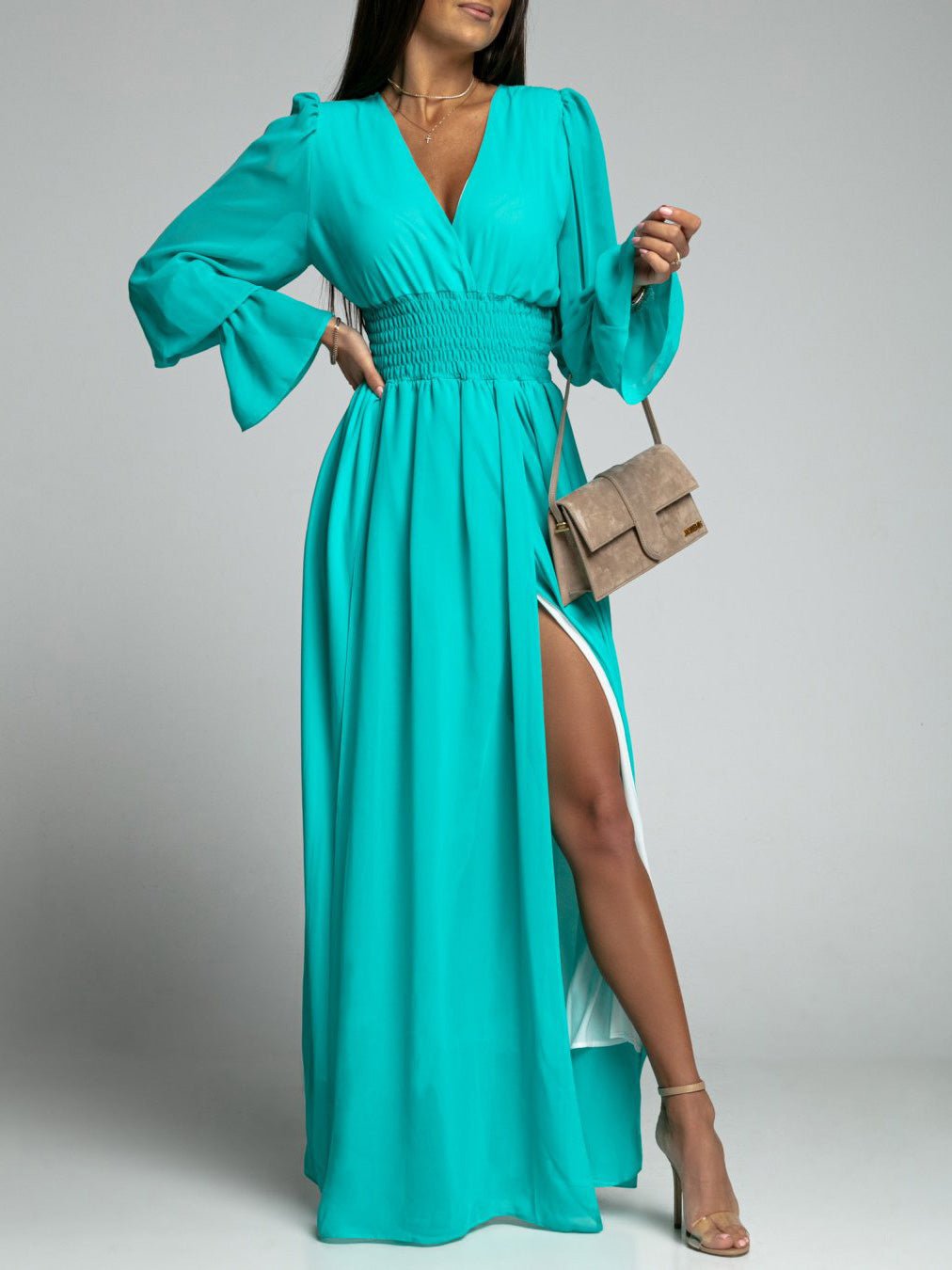 V-Neck Shirred Waist Bishop Sleeve High Slit Chiffon Maxi Dress