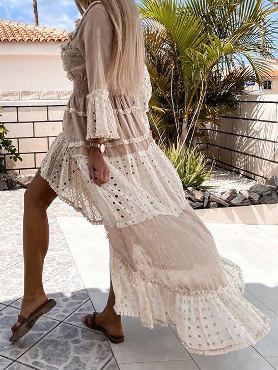 Khaki V-Neck Eyelet Lace Ruffle Tiered High-Low Boho Maxi Dress