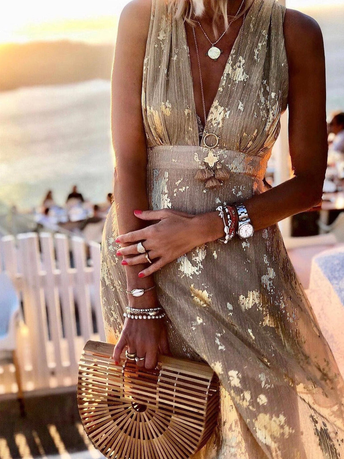 V-Neck Sleeveless Metallic Foil Print Empire Waist Maxi Dress