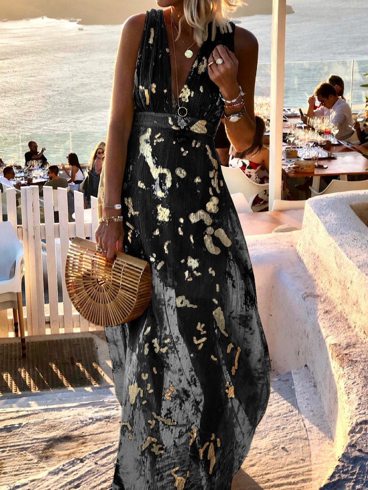 V-Neck Sleeveless Metallic Foil Print Empire Waist Maxi Dress