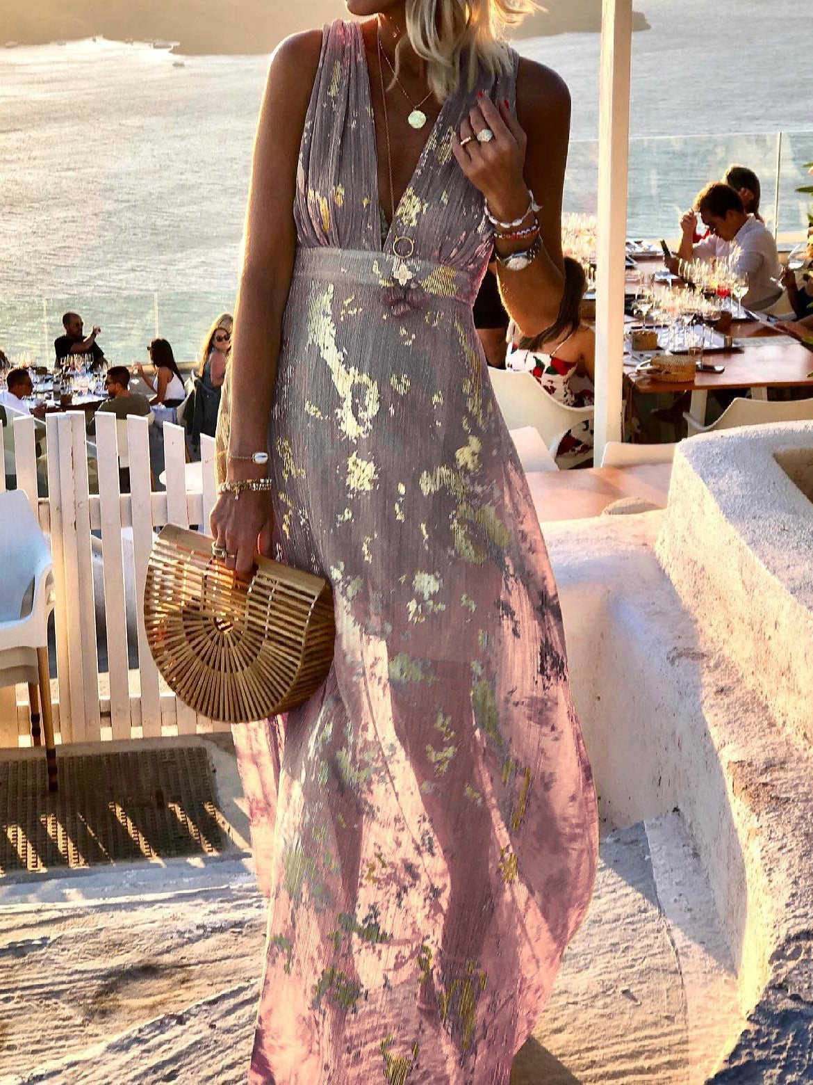 V-Neck Sleeveless Metallic Foil Print Empire Waist Maxi Dress