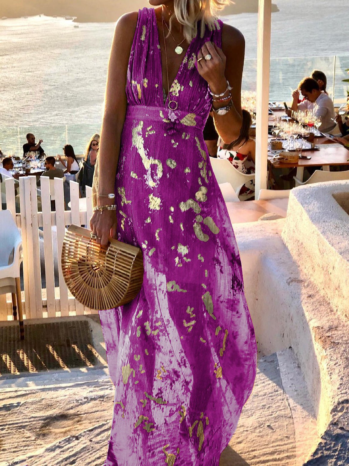 V-Neck Sleeveless Metallic Foil Print Empire Waist Maxi Dress
