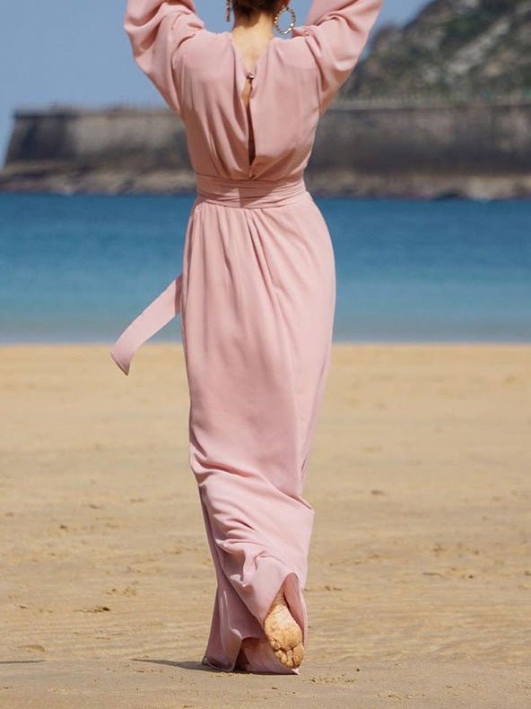 Pink V-Neck Balloon Sleeve Tie Waist Wide-Leg Jumpsuit