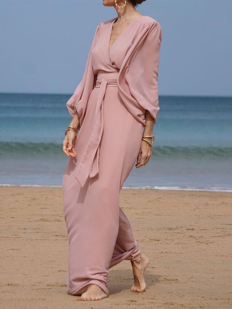 Pink V-Neck Balloon Sleeve Tie Waist Wide-Leg Jumpsuit