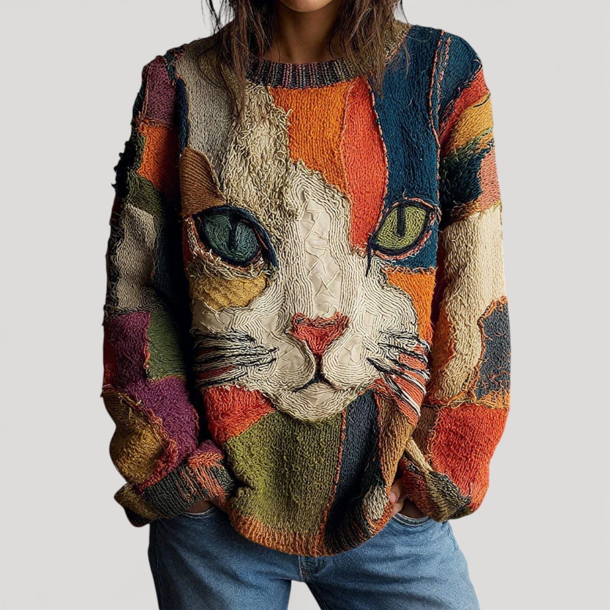 Multicolor Round Neck Cat Graphic Relaxed Fit Knit Sweater