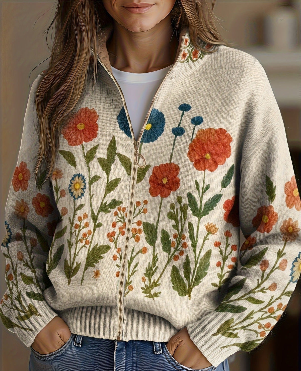 Stand Collar Wildflower Print Zip Front Knit Cardigan