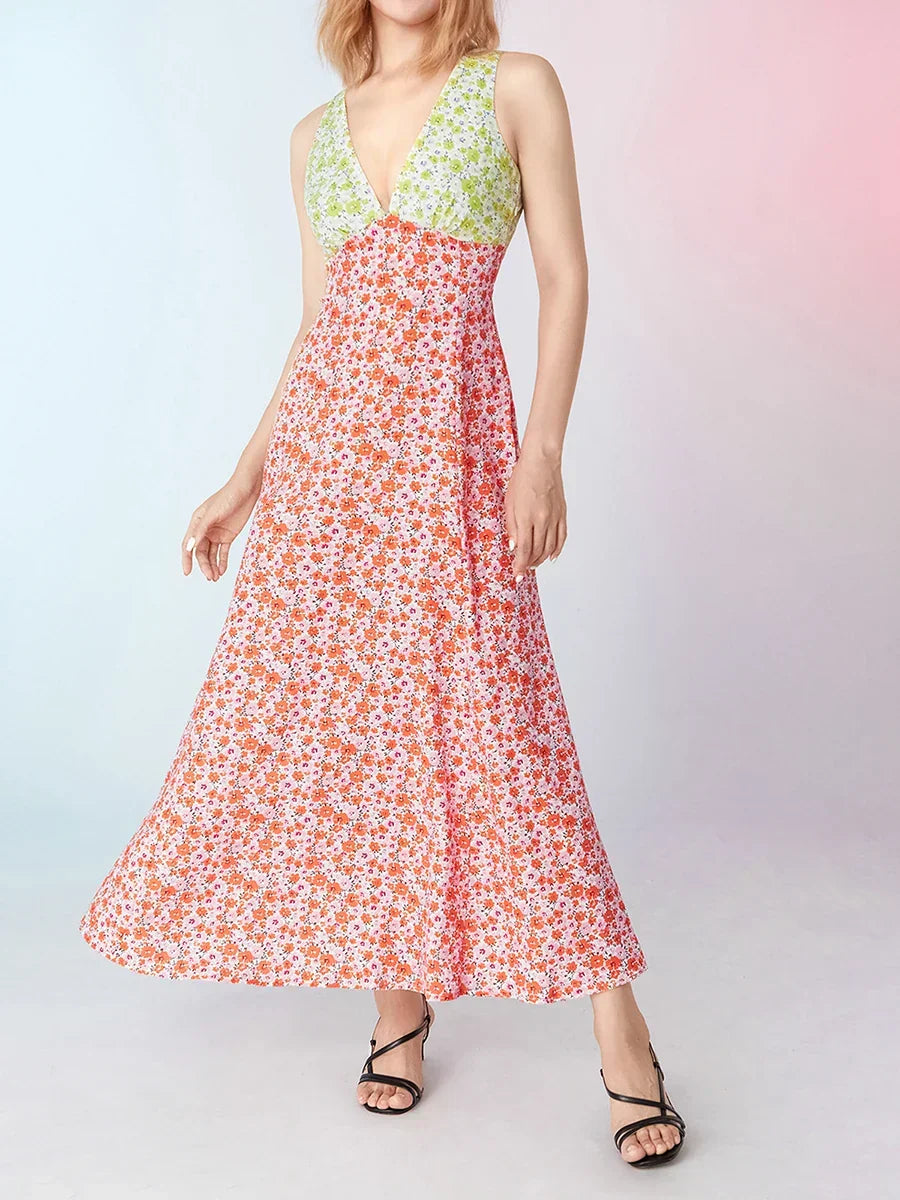 Elegant Patch Color Floral Flowy Backless V-neck Tank Beach Floral Dress PINK / S floraldress-250126