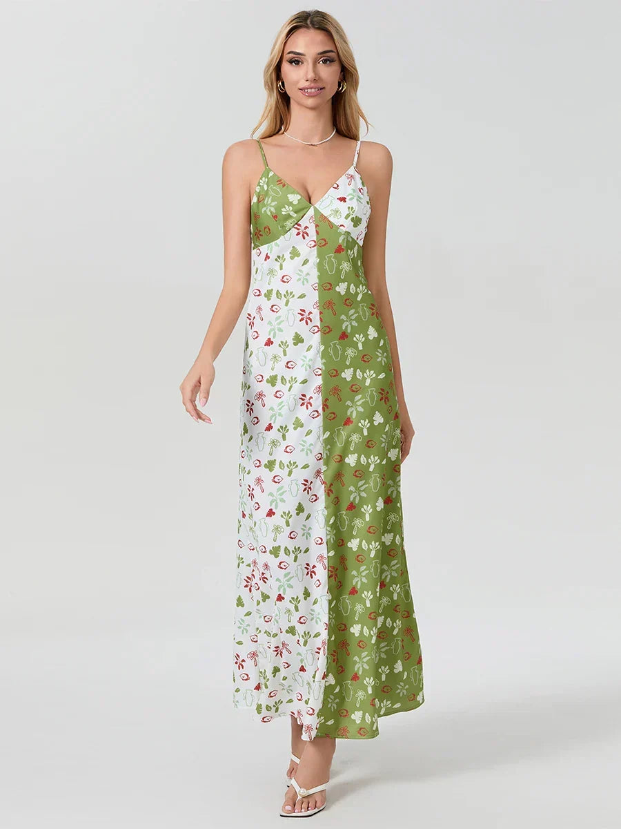 Contrast Color V-neck Spaghetti Strap Slip Floral Dress