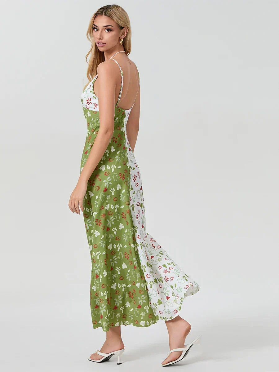 Contrast Color V-neck Spaghetti Strap Slip Floral Dress