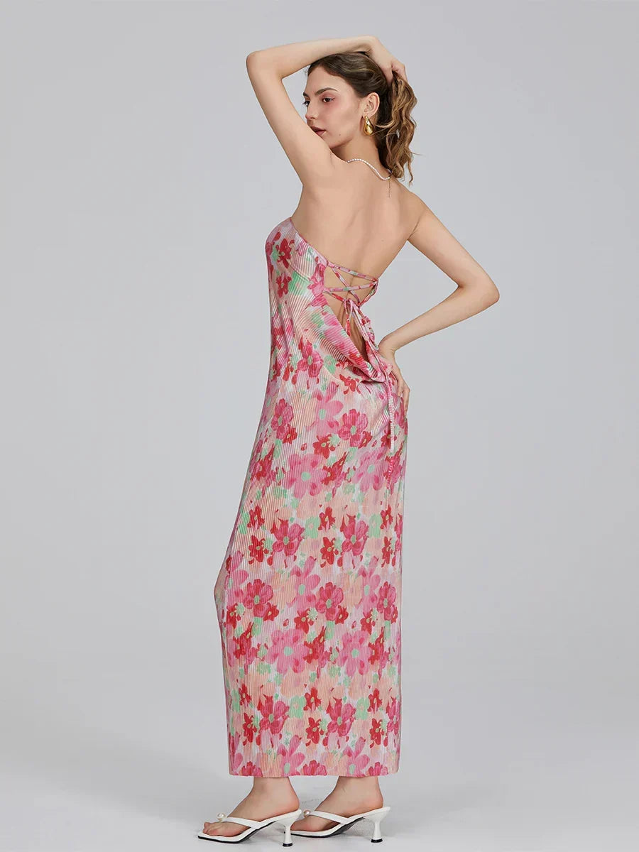 Floral Print Off-Shoulder Bandeau Pleated Tube Top Backless Party Dress