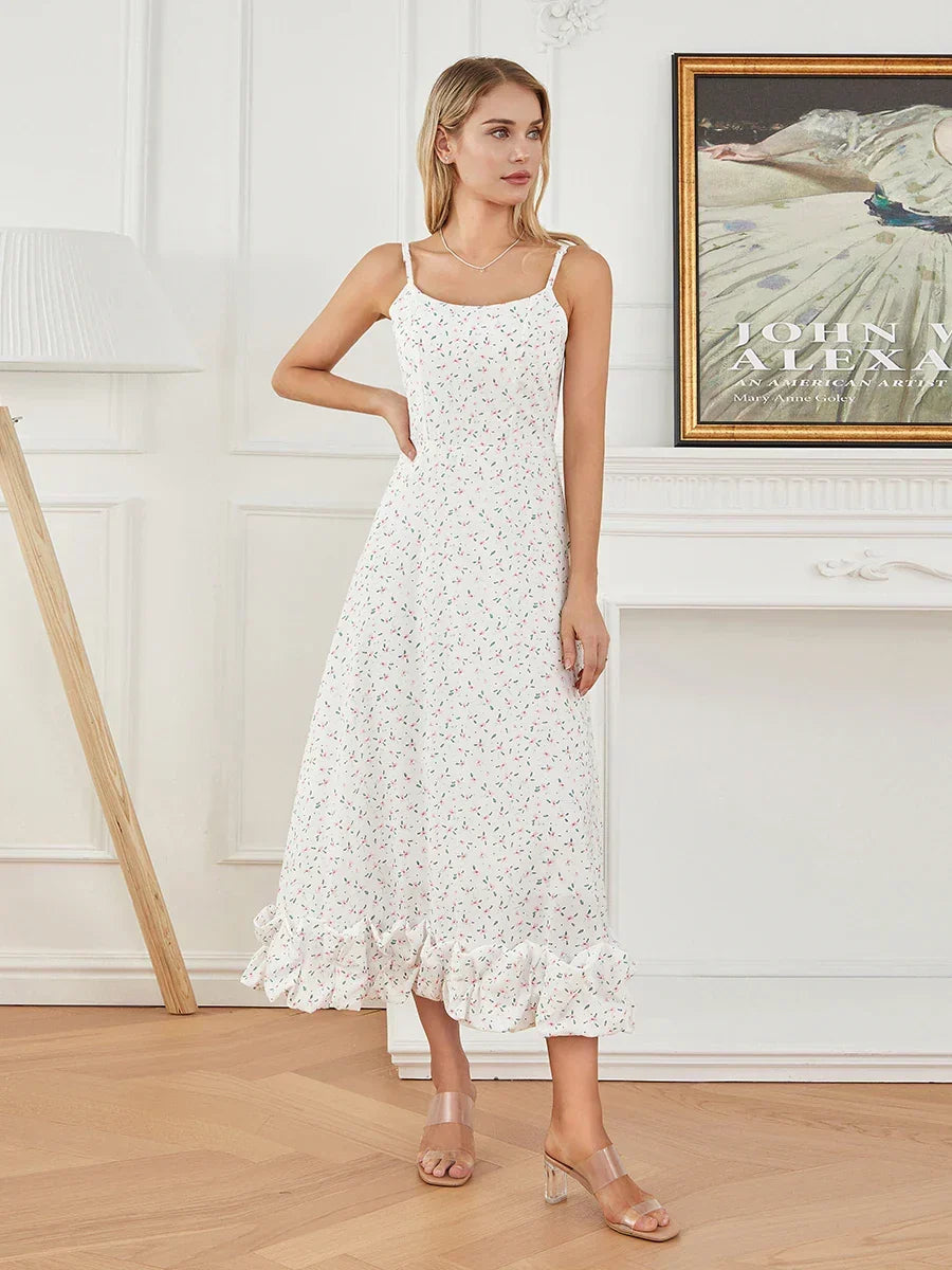 Spaghetti Strap Ruffled Long Sweet Sling Bubble Hem A-line Floral Dress