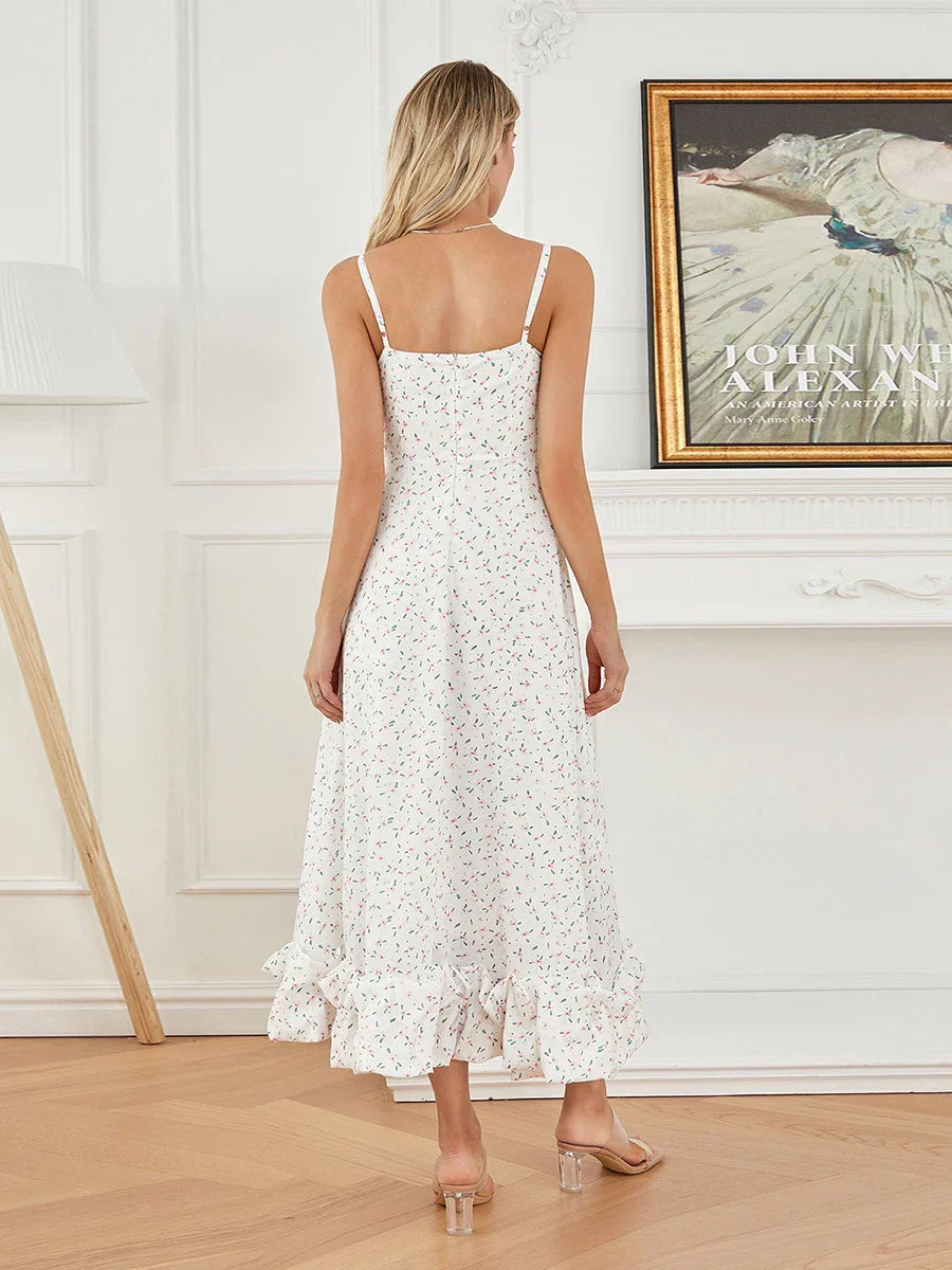 Spaghetti Strap Ruffled Long Sweet Sling Bubble Hem A-line Floral Dress