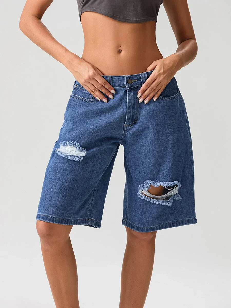 Ripped Button Knee-Length Denim Short