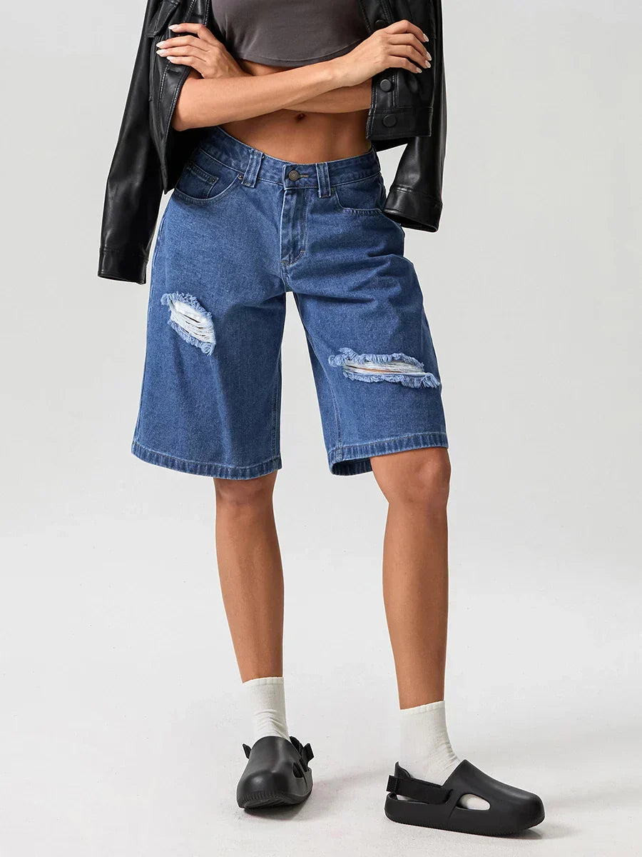 Ripped Button Knee-Length Denim Short DEEP BLUE / S short-250223