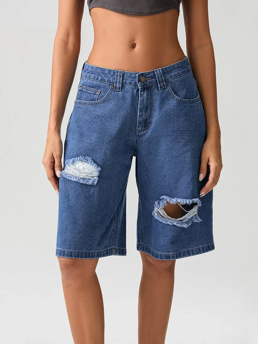 Ripped Button Knee-Length Denim Short