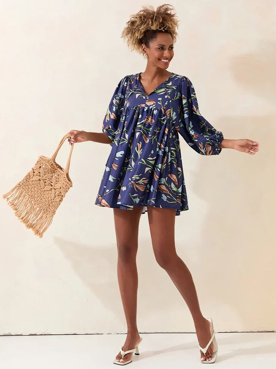 Lantern Sleeve Loose Floral Tied Bodydoll Short Floral Dress