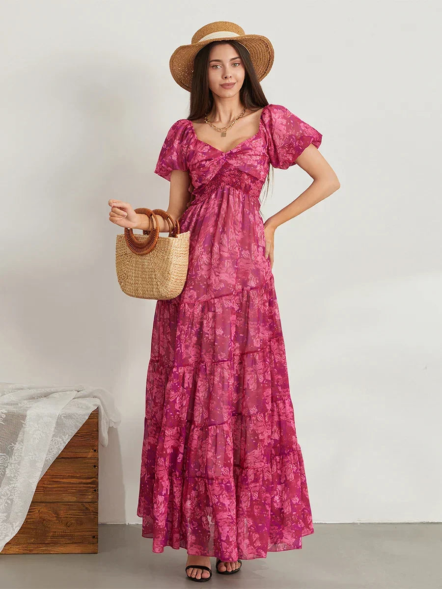 Retro Floral Print Swing Puff Short Sleeve Sweetheart Neck A-Line Beach Dress RED1 / S floraldress-250126