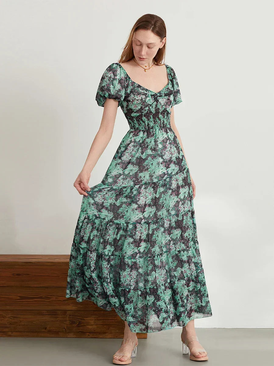 Retro Floral Print Swing Puff Short Sleeve Sweetheart Neck A-Line Beach Dress