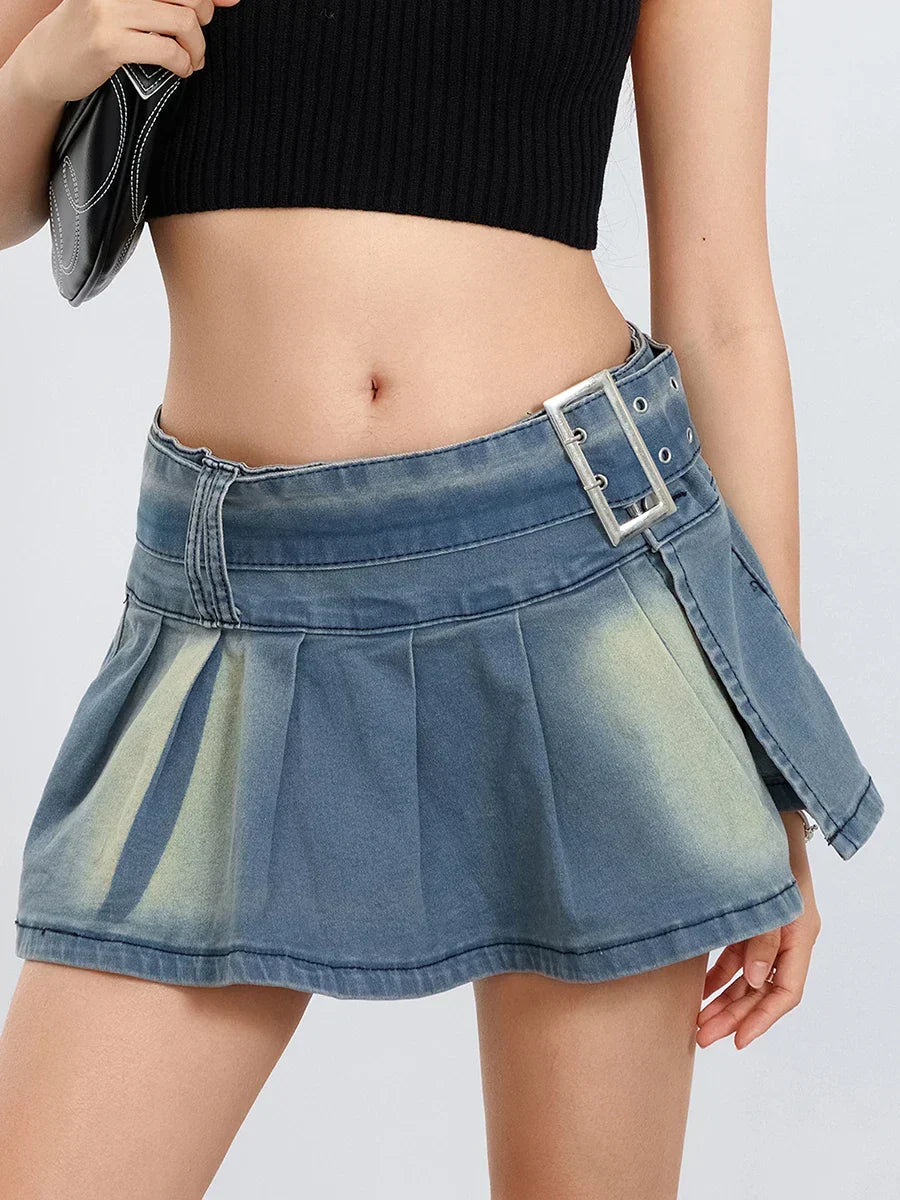 Belted Pleated A-Line Skirt