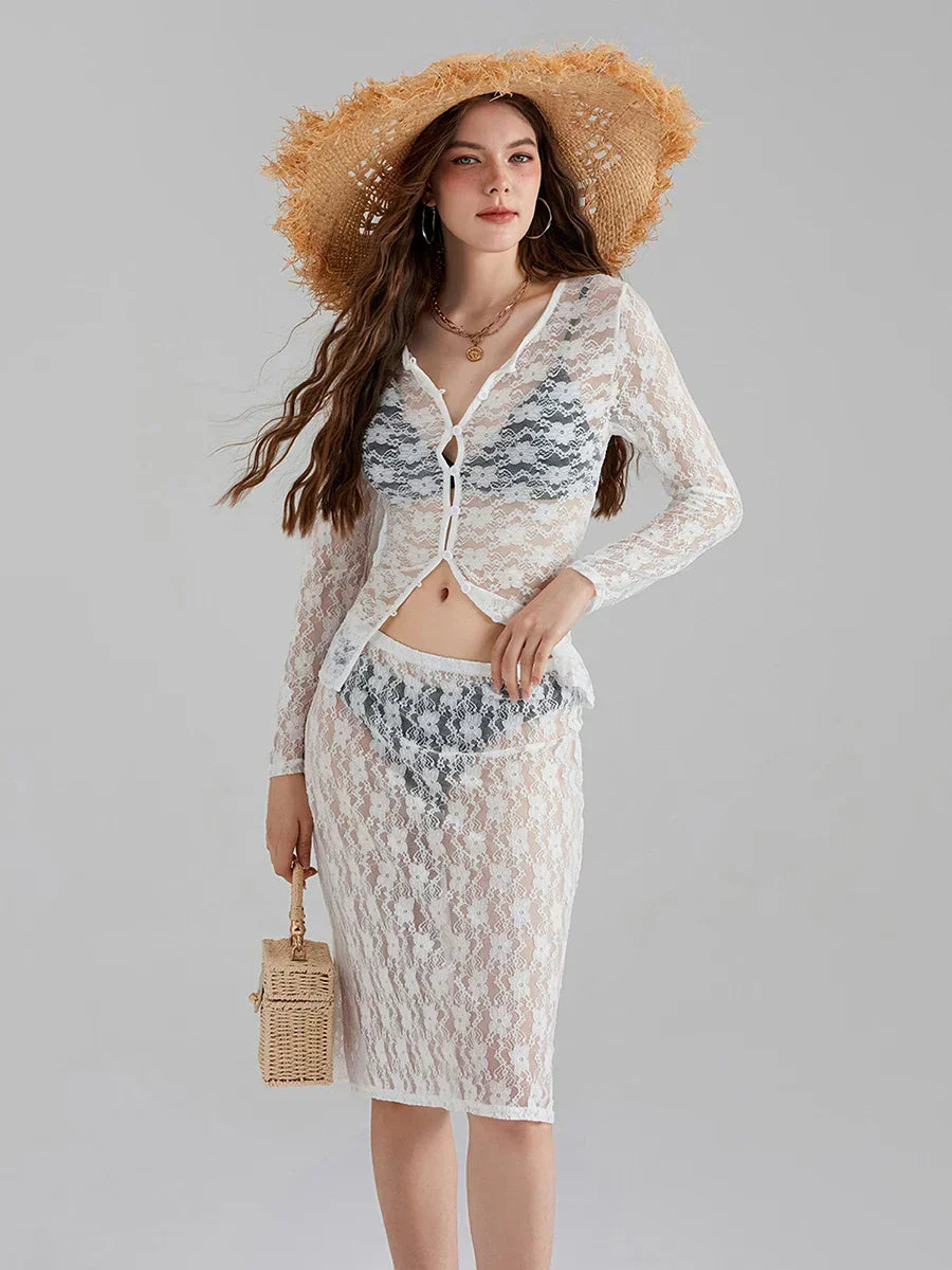 White Lace Mesh Long Sleeve Button-Down Floral Skirt Set WHITE / S floraldress-250126