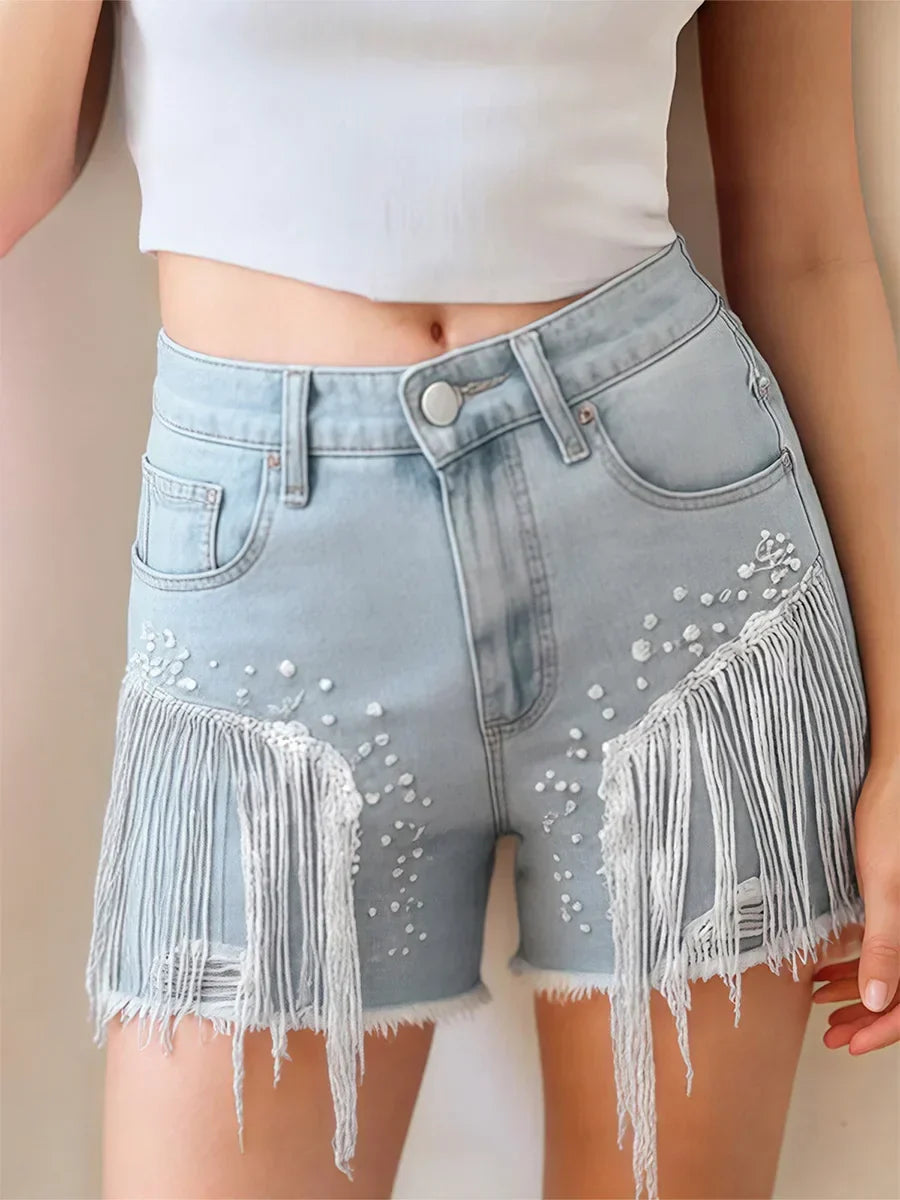 Sequins Tassel Ripped Denim Short