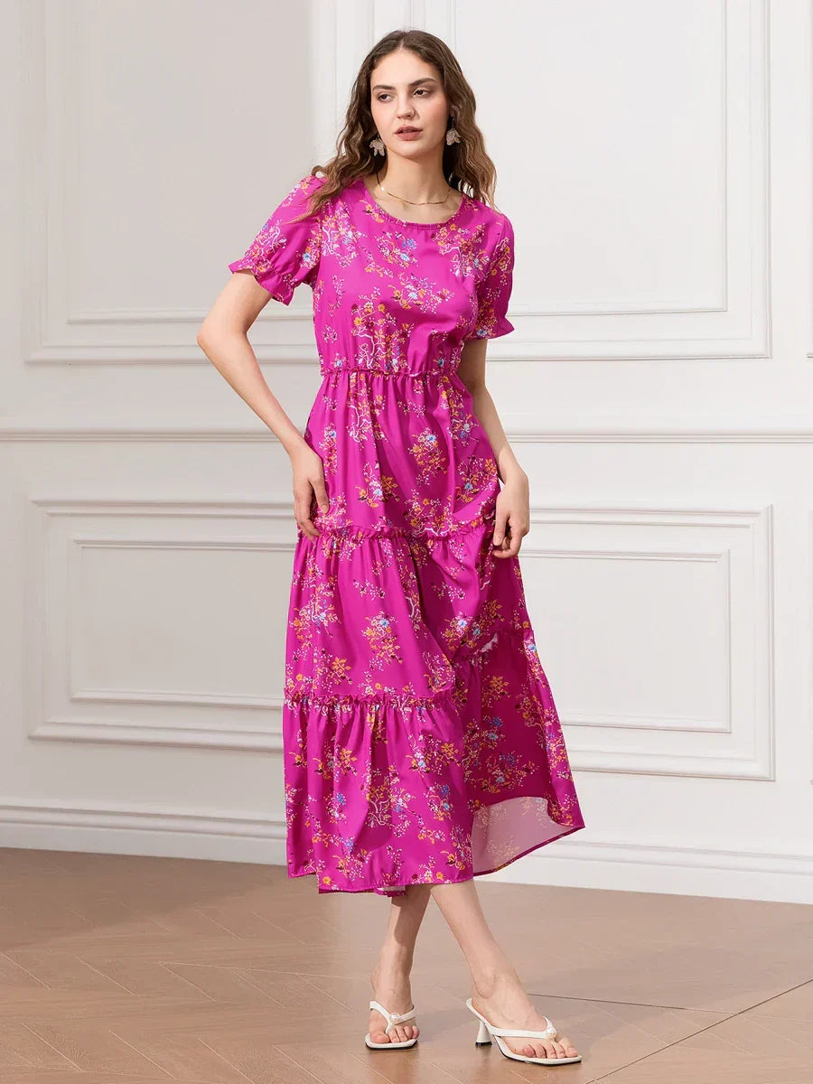 Floral Ruched Tiered Puff Sleeve Pleated Flowy Long Floral Dress