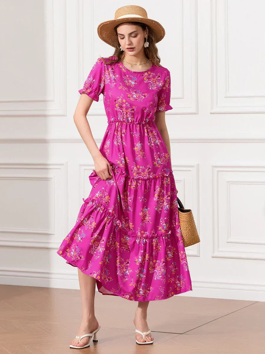 Floral Ruched Tiered Puff Sleeve Pleated Flowy Long Floral Dress