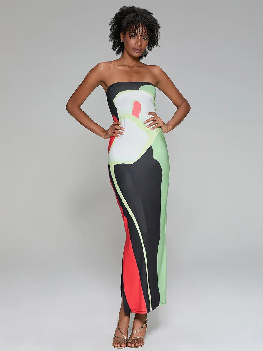 Abstract Print Strapless Side Split Floral Dress Green / S floraldress-250126