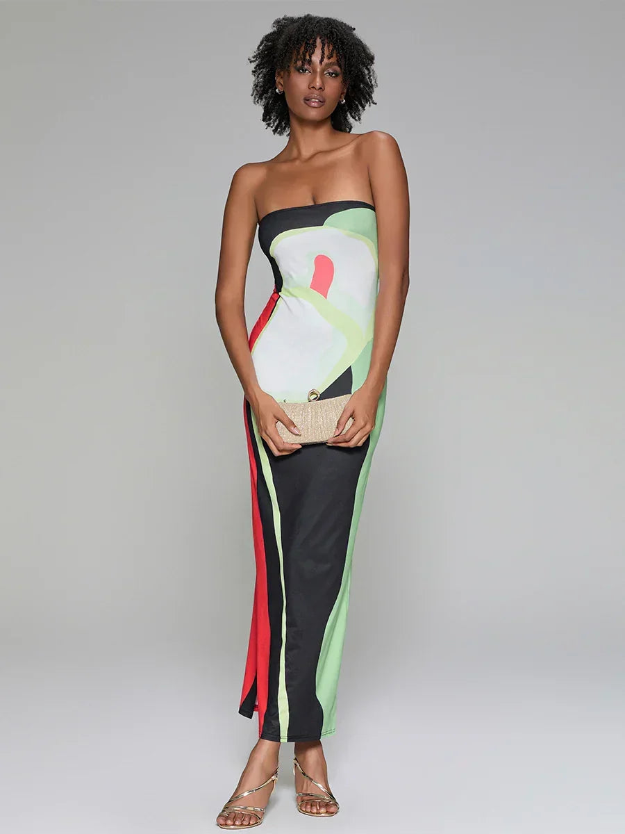 Abstract Print Strapless Side Split Floral Dress