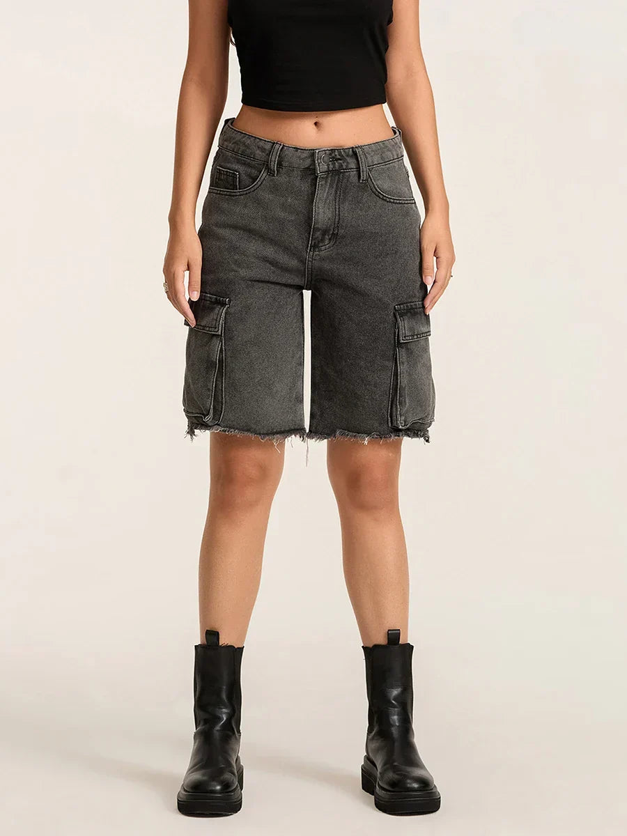 Ripped Button Denim Short Black / S short-250223