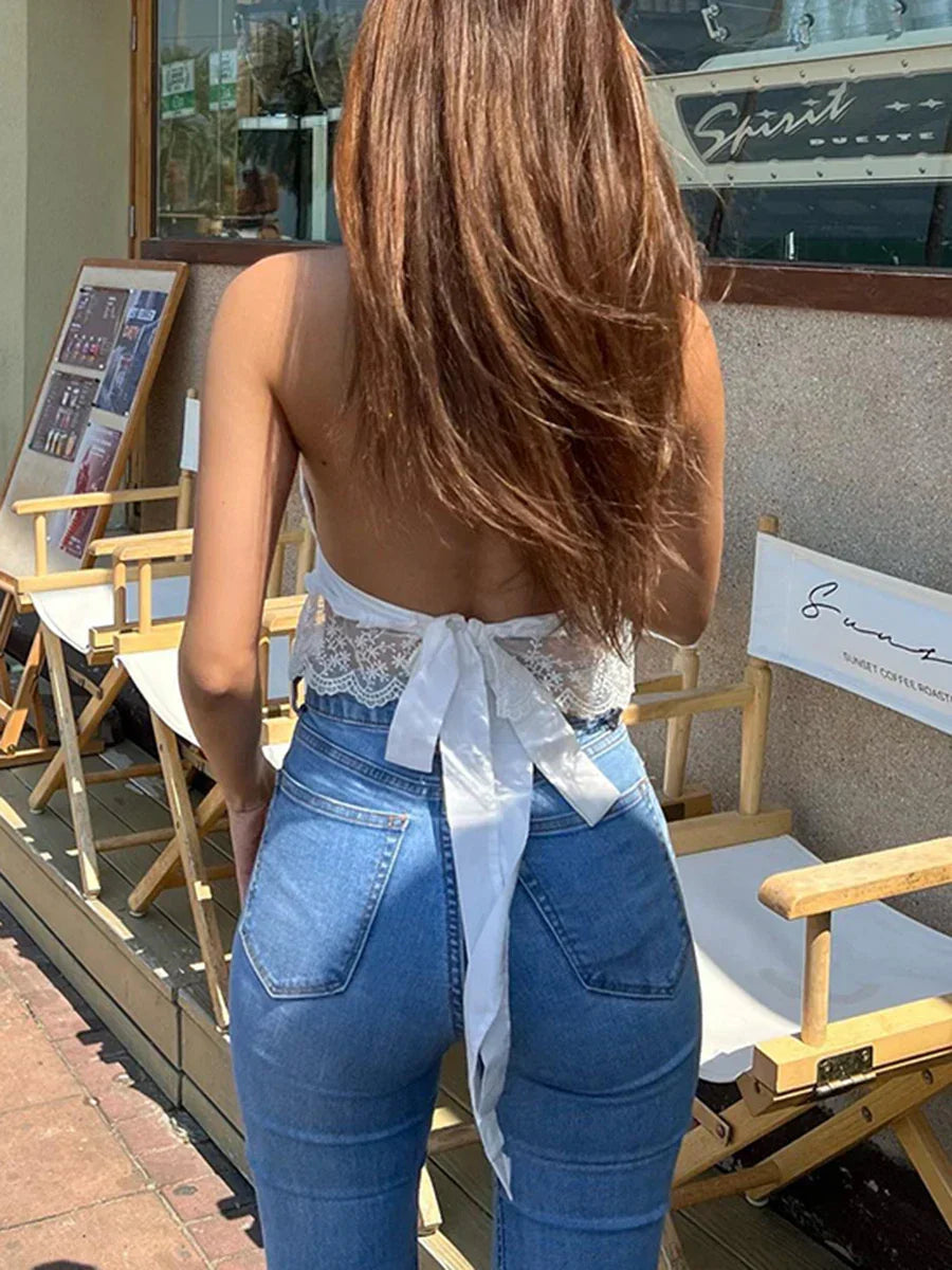 Eyelet Embroidery Halter Lace Ruffle Backless Crop Vest