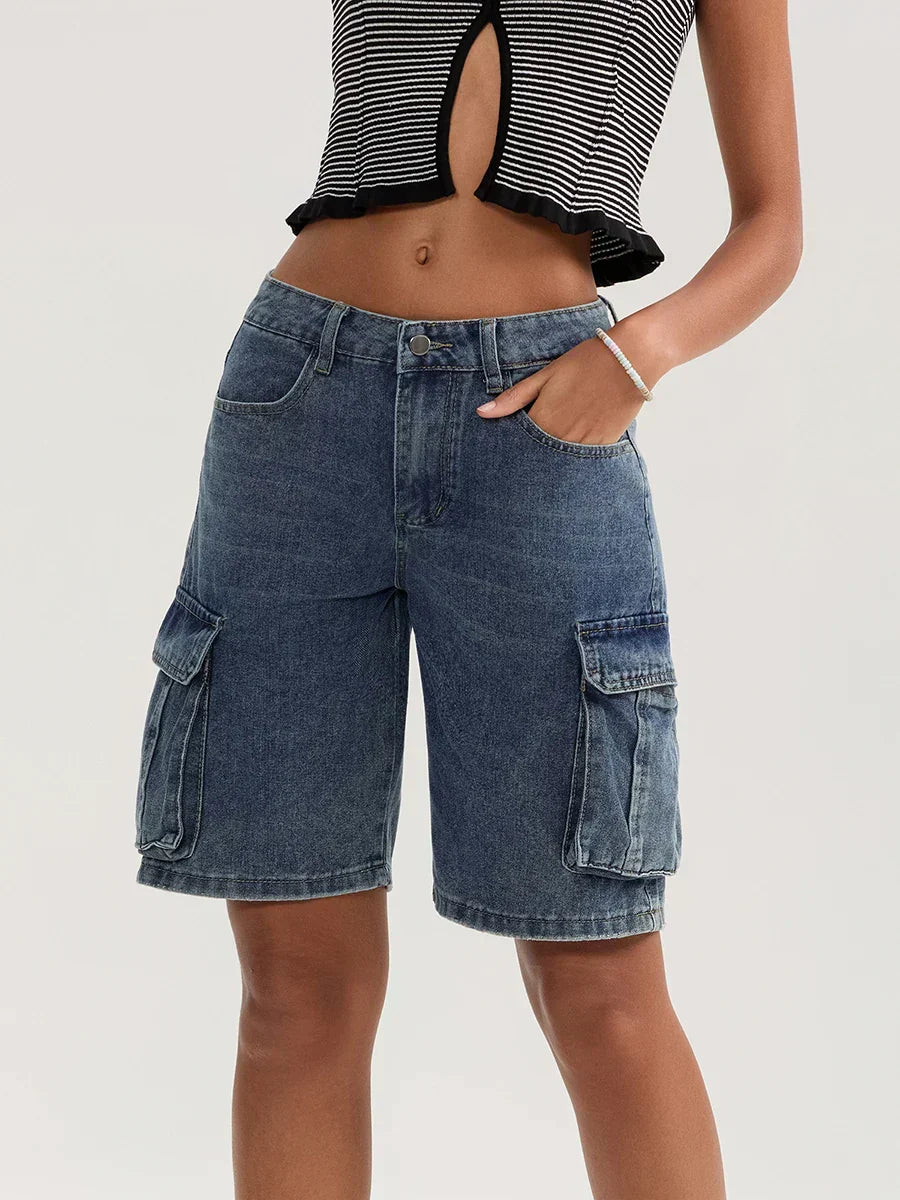 Solid Mid Rise Button Denim Short