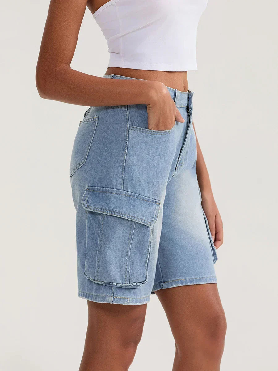 Solid Mid Rise Button Denim Short