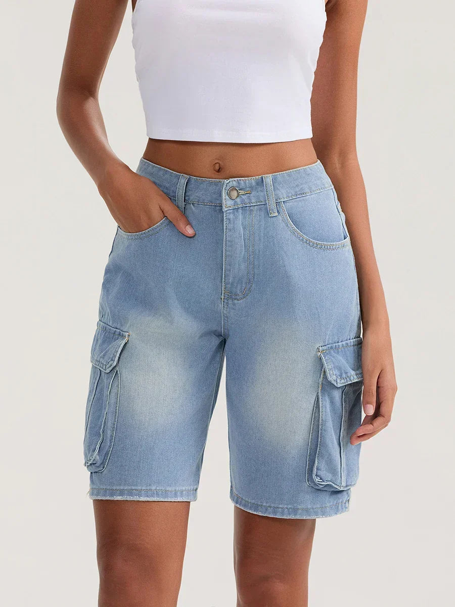 Solid Mid Rise Button Denim Short