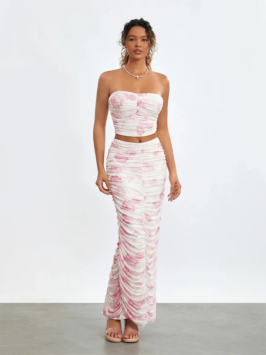 Chic Off-Shoulder Tube Top Wrap Long Floral Skirt Set
