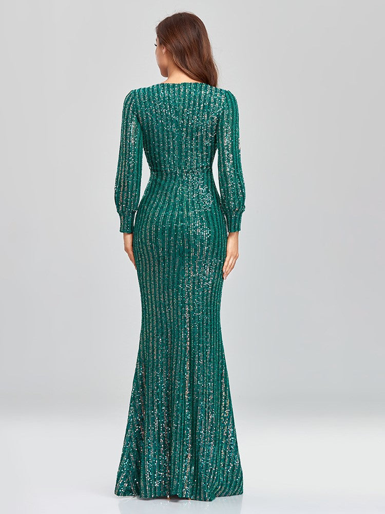 Elegant Long Sleeve Sequined Evening Dress