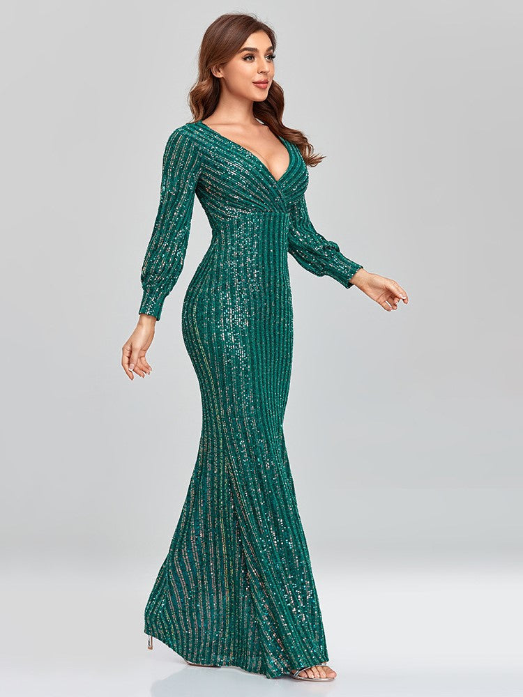 Elegant Long Sleeve Sequined Evening Dress