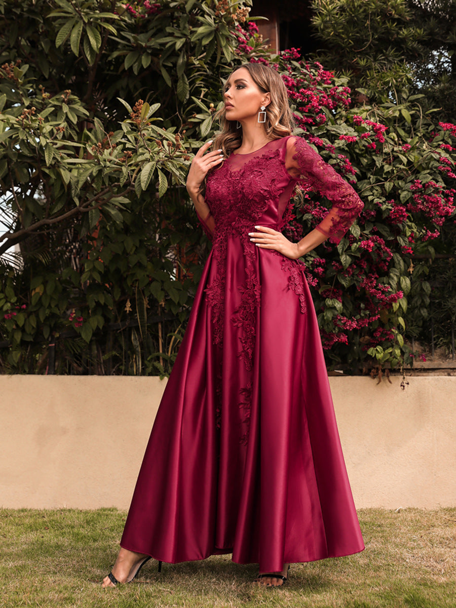 Embroidered Long Sleeve Evening Dress
