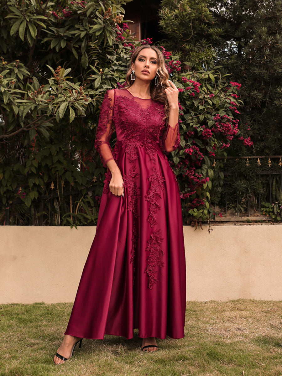 Embroidered Long Sleeve Evening Dress