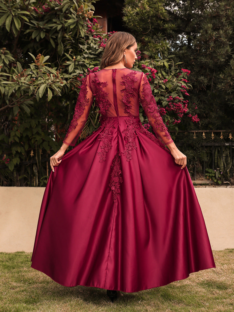 Embroidered Long Sleeve Evening Dress